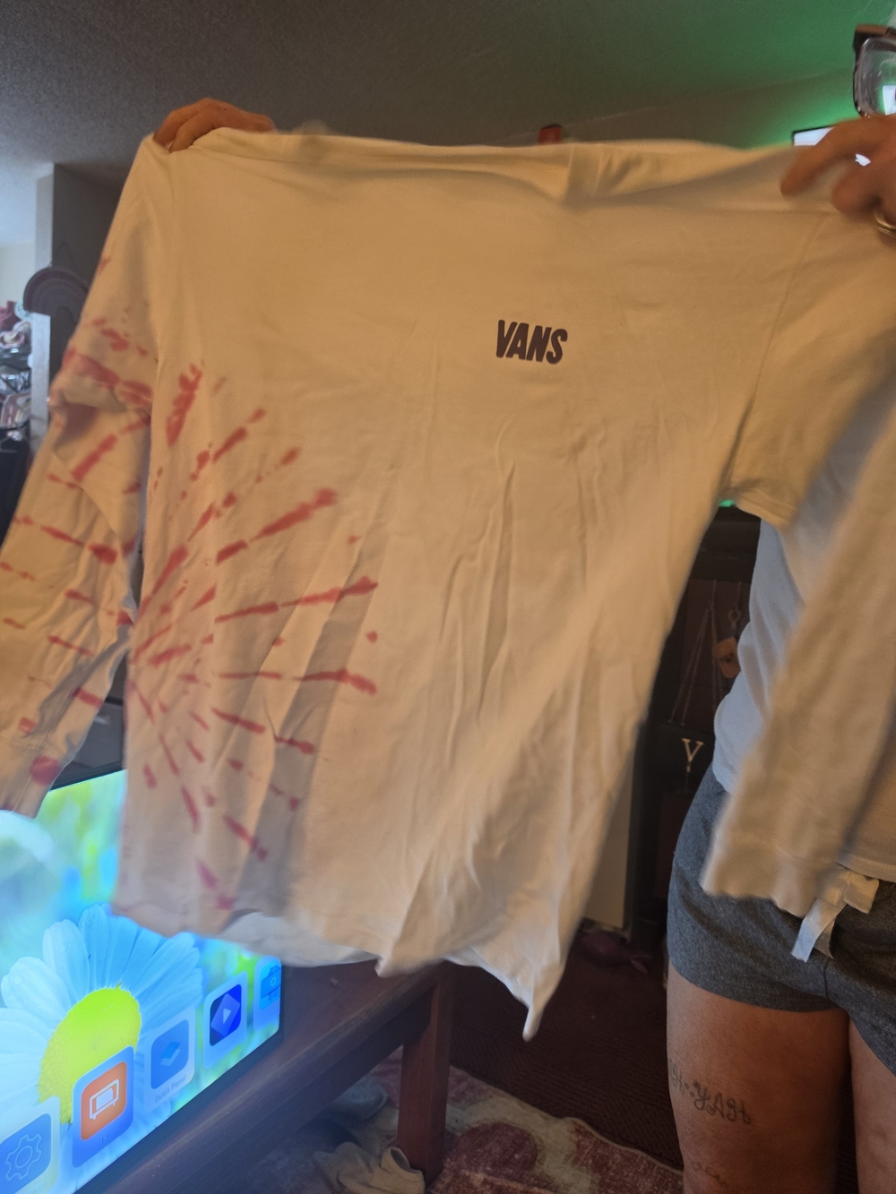 Vans Long Sleeve Tie-Dye Logo Tee - White with Pink Splash